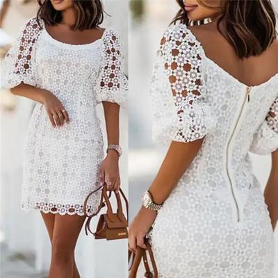 China Women lady feminine custom made sexy Vestidos 2023 new summer party anti-static elegant style lace up white round neck mid length bodycon dress for sale