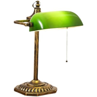 China Antique Iron Desk Lamp With Iron Base Handmade Green Shade Old Glass Desk Lamp For Office Library Study for sale