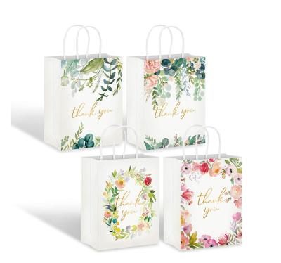 China Beautiful Floral Design Disposable Double Side Printing Small Thank You Bag White Kraft Paper Bags Wedding Birthday Baby Shower Party for sale