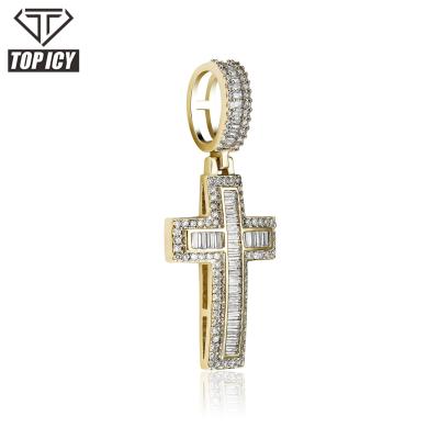 China New Hip Hop Design Zircon Wand Cross Gold Plated Thick Brass Pendant Iced Out Jesus Cross Necklace Jewelry for sale