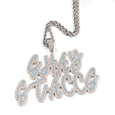 China Cute Blue Hip Hop CZ Letter Name Plate Necklace Two Tone Pendant Custom CZ Stone for sale