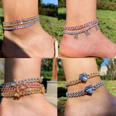 China Hiphop Luxury Hiphop Pink Butterfly Anklet Stainless Steel Bling Hip Hop Luxury Silver Cuban Multi Color Hip Hop Tennis CZ Cuban Link Chain for sale