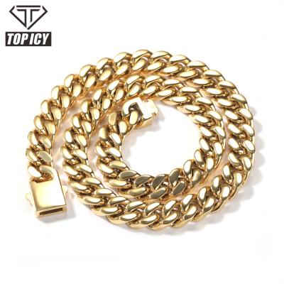 China Hiphop Safty Spring Clasp Miami Stainless Steel Miami Cuban Link Chain Traditional Silver 18k Gold Plated Cuban Link Chain Necklace for sale