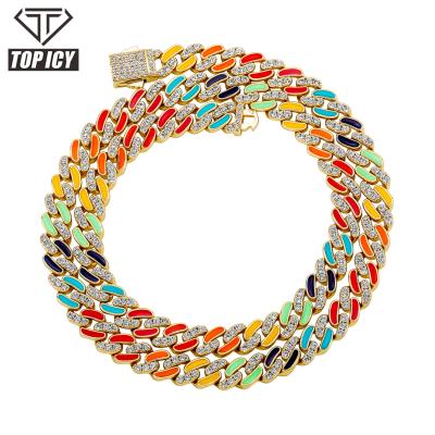 China Hiphop Iced Out 8mm Rainbow Zirconia Hip Hop Women's Cuban Link Chain Enamel Colorful Spring Cuban Safe Clasp D.C.A. for sale