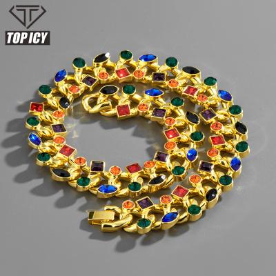 China 2022 New Alloy Hiphop 2022 Geometric Cuban Gold Rhinestone Chain Mixed Color Chain Hip Hop Jewelry Necklace 22MM for sale