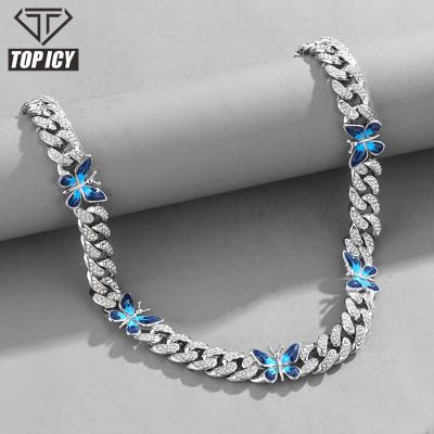 China Hot Sale New Hip Hop Hip Hop Gold Silver Blue Butterfly Cuban Chain Jewelry Iced Out Custom Rhinestones Cuban Link Chain for sale