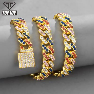 China Hiphop Rhinestones 11mm Gold Silver Plated Colorful Cuban Chain Jewelry Hip Hop Custom Iced Out Cuban Link Chain for sale