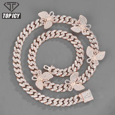 China New Luxury Hiphop 15mm Iced Out Hip Hop Cuban Link Butterfly Chain Necklaces Rhinestones Jewelry For Women for sale