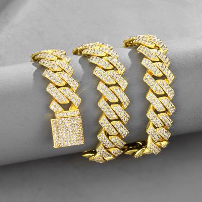 China Hiphop Women Men 15mm Cuban Chain Iced Out Rhinestone Gold Zinc Alloy Silver Plated Hip Hop Cuban Link Chain Necklace Wholesale Jewelry for sale