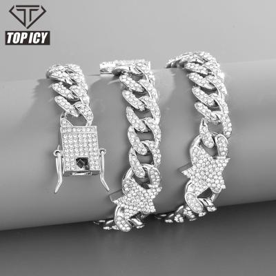 China Hiphop Gold Plated Miami Star Cuban Chain Iced Out Rhinestone Alloy Necklaces Bracelets Wholesale Cuban Link Chain for sale