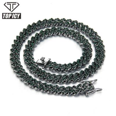 China Hiphop Fashion Hip Hop Jewelry 9mm Green Rhinestones Silver Plated Cuban Chains Bling Iced Out Cuban Link Chain for sale