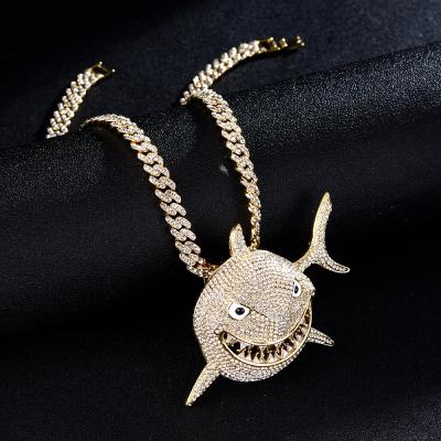 China New Fashion Hiphop Necklace Gold Plated Rhinestone Big Shark Necklace Hip Hop Cuban Link Necklace Silver Plated Pendant Chain Jewelry for sale