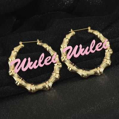 China Custom Hiphop Name Circle Earrings Necklace Set Gold Enamel Bamboo Earring Personalized Name Rose Fashion Customize Jewelry Set name girl for sale