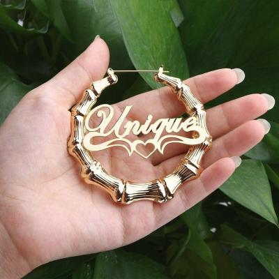 China 2021 Fashion Women Girls Vintage Big Circle Earring 18k Gold Bamboo Stainless Steel Trendy Custom Name Statement Earrings for sale