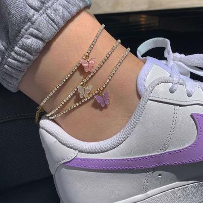 China Cuban Hiphop Tennis Link Anklet Chain Rhinestone Jewelry For Women Crystal Butterfly Beaded Boho Anklets for sale