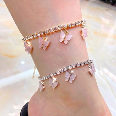 China Hiphop Fashion Gold Rhinestone Butterfly Summer Anklet Chain Bracelets Silver Plated Acrylic Butterfly Charms for sale