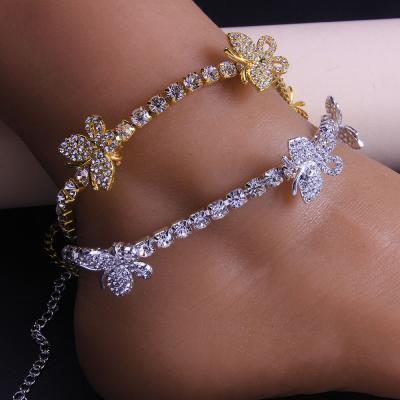 China Cute Hiphop Jewelry Gift Butterfly Charm Rhinestone Tennis Anklet Chain Gold Plated For Women for sale