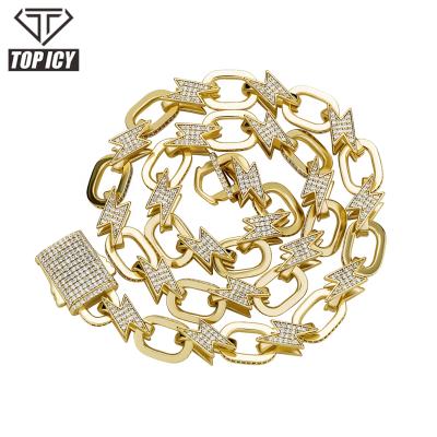 China Luxury Fashion Hot Selling 12mm 18inch Hiphop Bracelet 22inch Hip Hop Gold Silver Chain Necklace Gold Plated Lightning Necklace for sale