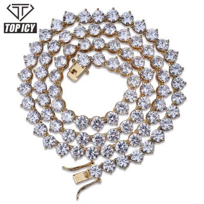 China Male Hiphop Hip Hop 3mm 4mm 3 Prong Tennis Chain Necklace Jewelry Brass Gold/Silver Color Plated Tennis Necklace for sale