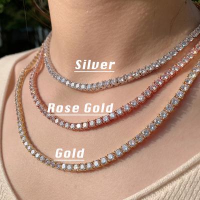 China Hiphop Hip Hop Zircon Chain Tennis 3mm 4mm 5mm Iced Out Tennis Chain Necklace Jewelry 18k Gold Rhodium Plating Tennis Chain Jewelry for sale