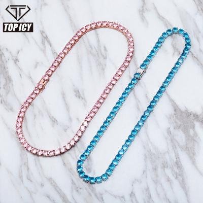 China Bling Blue Hip Hop 5mm Iced Out Tennis Chain Choker Necklace Rose Chain Diamond Tennis Chain 18k Gold Plating Hip Hop Choker Necklace 1 Tier for sale