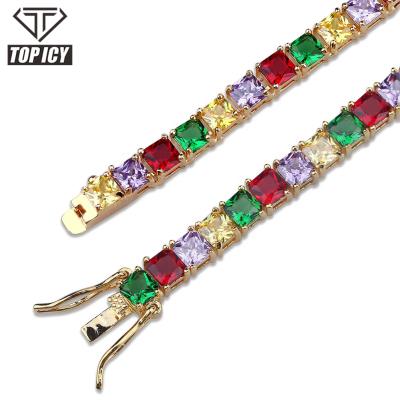 China Hiphop Amazon OEM Square Cubic Zirconia Iced Out Hipster Handcrafted Rainbow Multicolor Unique Design 5mm Colorful Tennis Chain for sale