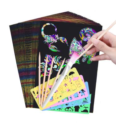 China From Europe Factory Kids Educational Scratch Straight Off Scratch Cards Rainbow Art Paper With Stencils And Brush for sale