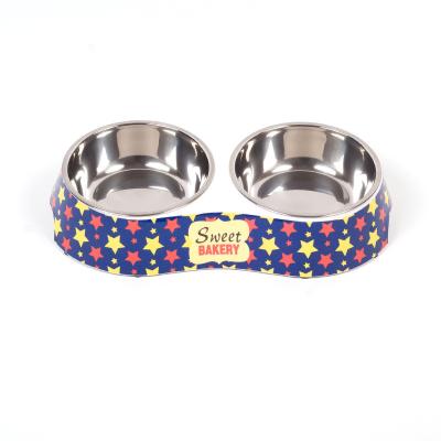 China Sustainable Wholesale Non-Skid Round Stainless Steel Raised Double Pet Dog Food Feeding Bowls for sale