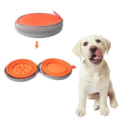 China Custom Viable Silicone Outdoor Portable Slow Conductive Pet Travel Travel Dog Food Collapsible Double Bowl for sale