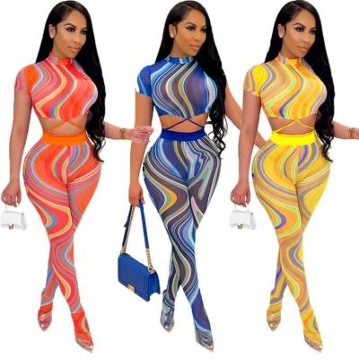 China M&F's best-selling anti-pilling two-piece set Mesh Print Bandage Casual 2022 summer ladies pants 2 pieces set women's clothing for sale