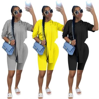 China M&F Amazon 2022 Anti-pilling Women Solid Color Casual Two Piece Shorts Pants Sets Irrugular Long Sleeve Hoodie Knee Length Summer Short Pant Sets for sale