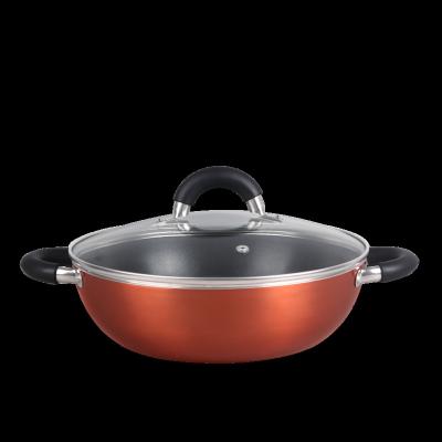 China 2021 New Highlight Aluminum Pressed Paint Color Metallic Cookware Set Aluminum KADAI WOK With Double Ears for sale