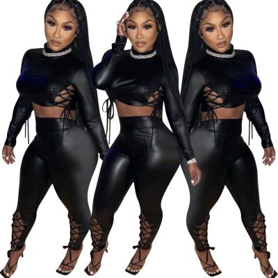 China 2021 Fall Women Ladies Full Waist Deep V-Neck QUICK DRY High Sleeve Backless Long Crop Tops Nightclub Tracksuit Two Piece Sets 2 for sale