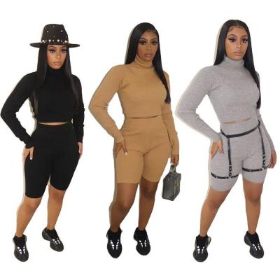 China Polyester/cotton autumn fall 2021 women long sleeved high neck sportswear crop top shorts two piece outfit 2 short jogging set for women clothes for sale