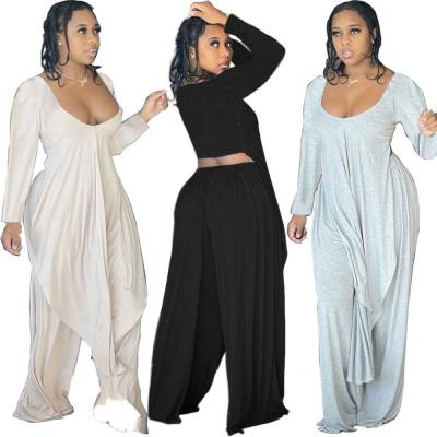 China 2021 Fall Women Ladies Breathable Casual Elegant Fit Irregular Loose Sleeve Palazzo Low Long Pants 2 Two Piece Outfits Set For Women Clothes for sale