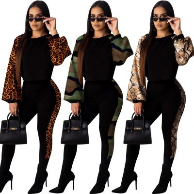 China Autumn 2021 lady breathable casual leopard snake camo drop sleeve sports long gym club wear 2 set long two-piece pants for women for sale