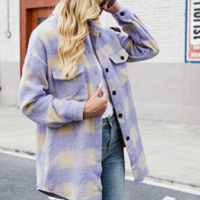 China 2021 new winter women's jacket woolen coat lady breast lapel long sleeve plaid simple elegant soft breathable cardigan shirt for women for sale