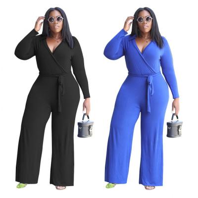 China 2021 Viable Plus Size V Neck Drop Waist Long Sleeve Lace Wide Leg Jumpsuit Rompers Solid Color Elegant Loose Stretch For Women Clothes for sale