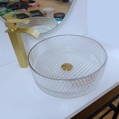 Chine Cuvette en verre artistique debout libre en verre de navire de lavabo de 10 pouces avec le bord argenté à vendre