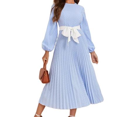 China Women's Dress Women's Lantern Sleeve Polka Dot Pleated Dress Elegant Round Neck Breathable Dress for sale