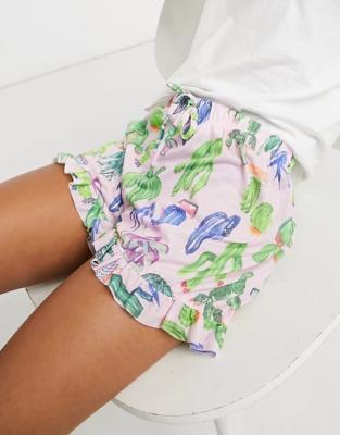 China Anti-wrinkle women sleepwear shorts ruched pattern shorts in cactus green print tendril trim casual loose shorts for sale