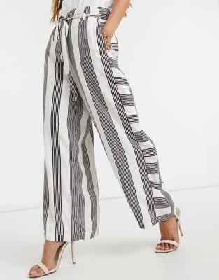 China Anti-Wrinkle Women Fashion Pants Wide Leg Striped Female Pants In The Belt White Tie Wide Leg Pants for sale