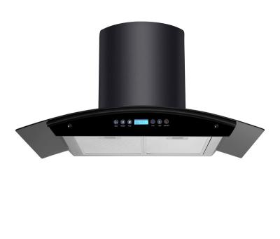 China Wall Mounted Sensor Black Heat Wave Tempered Glass Fan 900mm Smoke Exhaust Kitchen Exhaust Chimney Cooker Hood Auto Clean Range Hood for sale