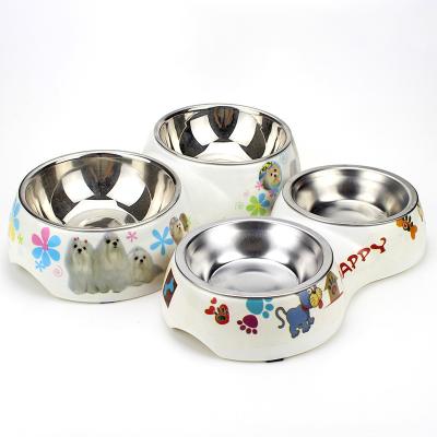 China Wholesale Viable Double Stainless Steel Cartoon Melamine Dog Two-in-One Non-Slip Cat Food Bowl Supplies for sale