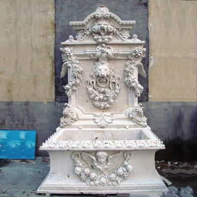 China EUROPEAN Outdoor Natural Stone Garden Wall Waterfall Fountain with Lion Head Cherub Statue for sale