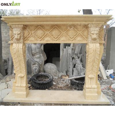 China French Luxury Villa Hotel Decoration Large Poseidon Sculpture Marble Two Lion Head Fireplace Mantel for sale