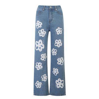 China New Women's High-Waisted Straight-Leg Breathable Floral Print Women's Casual Jeans for sale