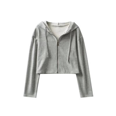 China Solid Color Zipper Breathable Casual Loose Long Sleeve Cropped Hoodie for sale