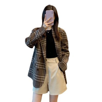 China Viable Women's Wool Plaid Retro Yarn-Dyed Suit Collar Coat for sale