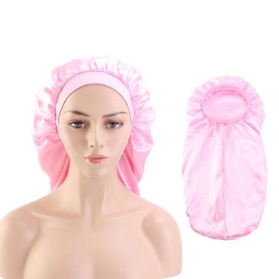 China Custom Natural Curly Hair Designer Satin Sleeping Bonnets Hats SATIN/POLYESTER Logo Silk Long Bonnet For for sale